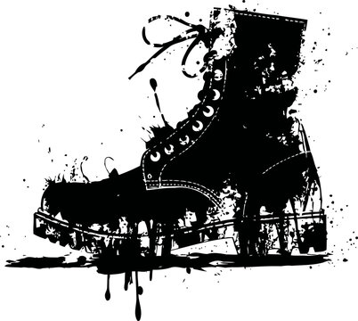 Grunge black combat boot silhouette with paint splatter and ink drip design elements
