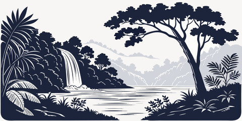 A serene landscape with a calm river, trees, and distant mountains under a clear sky © Mamun