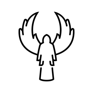 Death angel icon. Religion and psychopomp line symbol. Black and white.