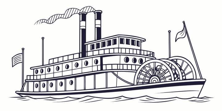 A vintage steamboat cruises along a calm river with flags waving in the breeze