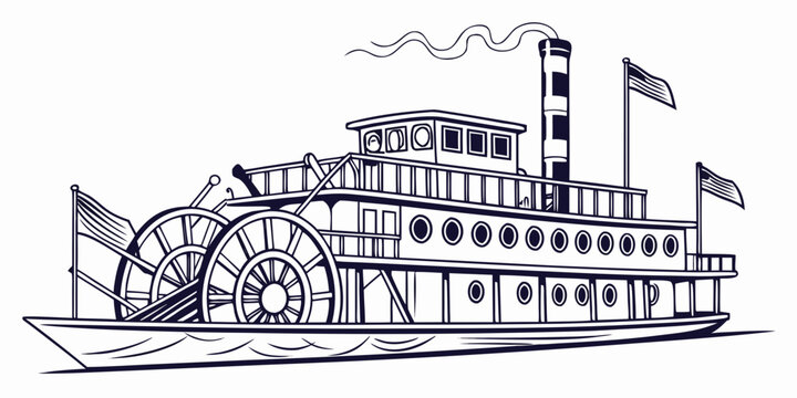 Antique steamboat illustration with paddle wheel and smokestack