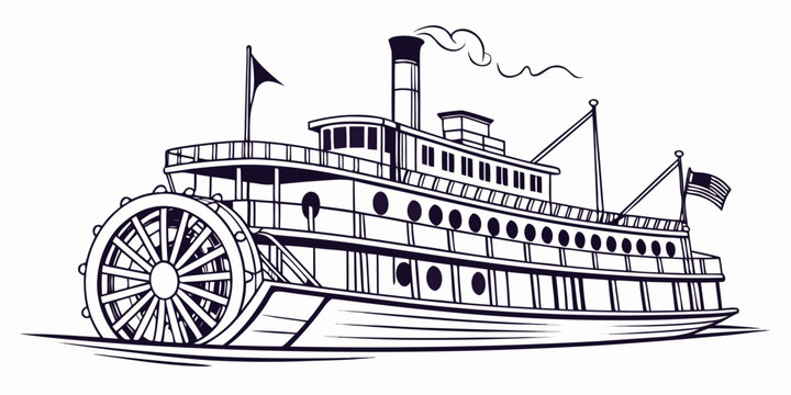 A vintage steamboat with large paddle wheels and flags on the deck