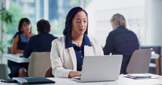 Business, woman and typing on laptop in office for record keeping, internal auditing or payroll. Coworking, accountant and tech at firm for tax preparation, compliance report or client account review