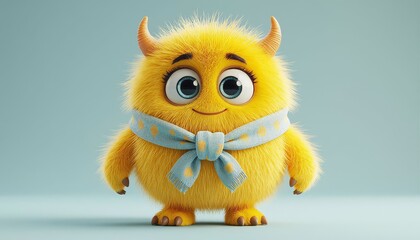 Fototapeta premium A fluffy yellow monster stands in front of a light blue background. The monster has big eyes, small horns, and wears a blue polka-dotted scarf around its neck.