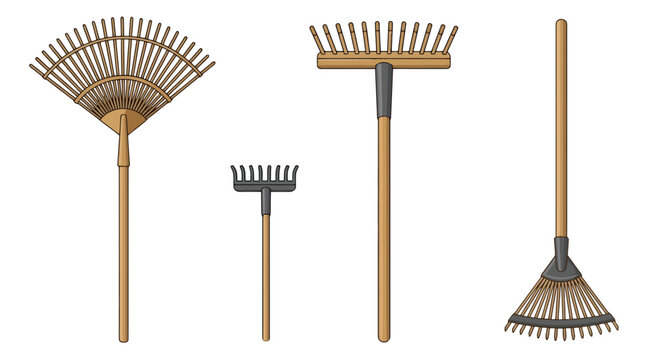 Set of Various Rakes for Gardening and Farming including Leaf Rakes and Soil Rakes, Isolated on White Background Vector Illustration