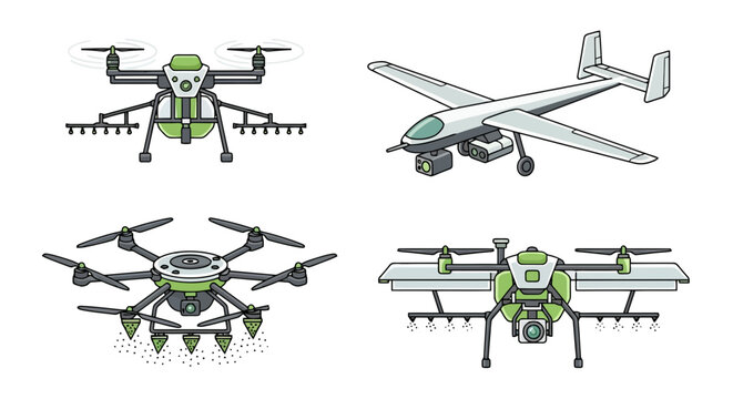 Agricultural Drone Set for Smart Farming, UAV Collection for Precision Crop Spraying, Seeding, and Mapping, Modern Agritech Vector Illustration
