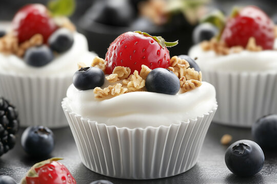 Healthy yogurt cupcakes with granola and fresh berries