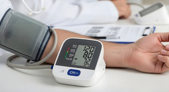 Professional Medical Measurement of Blood Pressure Using a Digital Monitor Device in a Clinical Setting for Health Screening, Diagnosis, and Patient Monitoring in Modern Healthcare and Wellness