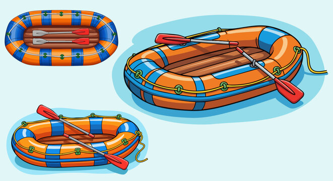 Inflatable rubber boat vector set, orange and blue striped rafting dinghy with red oars, cartoon style water transport collection for summer vacation