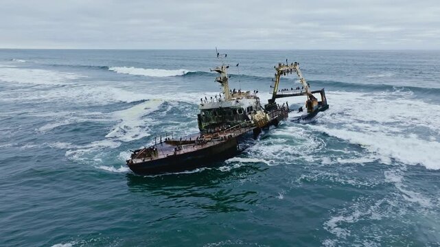 Drone flight around shipwreck in Namibia Skeleton coast.
