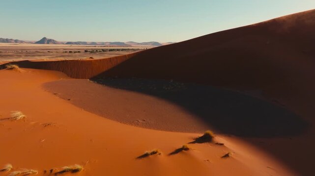 Drone shot over sand dunes in Namibia national park Sossuvlei with cinematic sunset