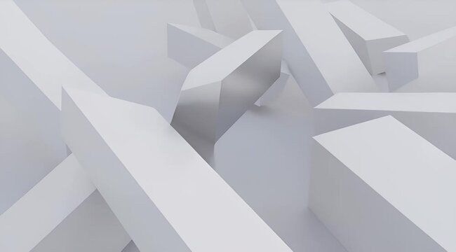 A complex arrangement of intersecting white rectangular prisms in a threedimensional geometric composition