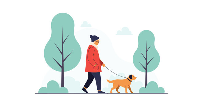 Person in a red coat and winter gear walking a golden dog on a leash through a park with stylized teal trees and light sky.