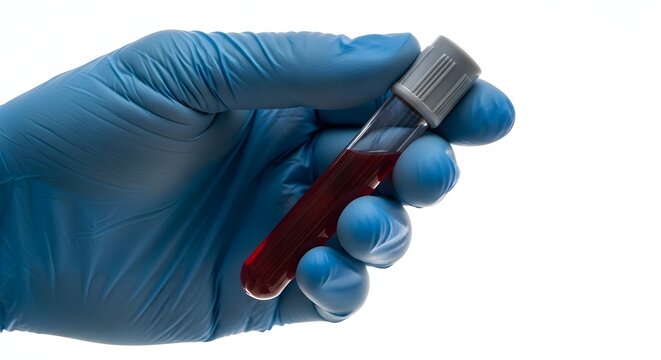 Medical professional holding a blood sample test tube in a blue latex glove, isolated on white background, perfect for clinical diagnostics, laboratory research, healthcare marketing and medical