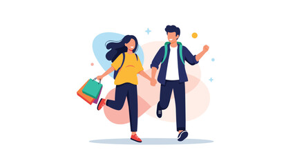 Fototapeta premium Happy young couple running together holding hands while carrying colorful shopping bags and wearing backpacks for a trip or a shopping adventure.