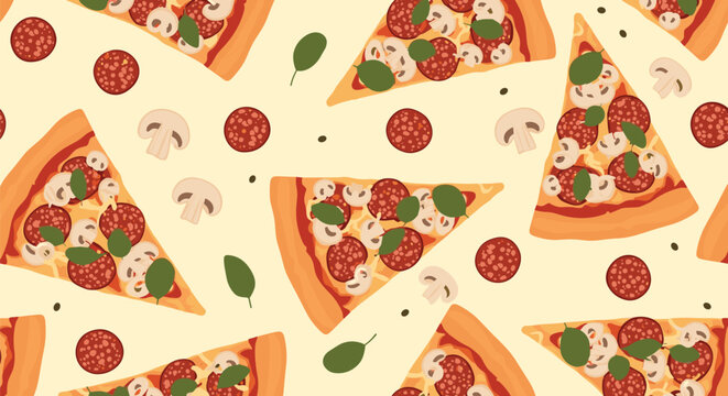 Seamless pattern of delicious pizza slices with pepperoni, mushrooms, and basil leaves on a beige background, fast food texture design.