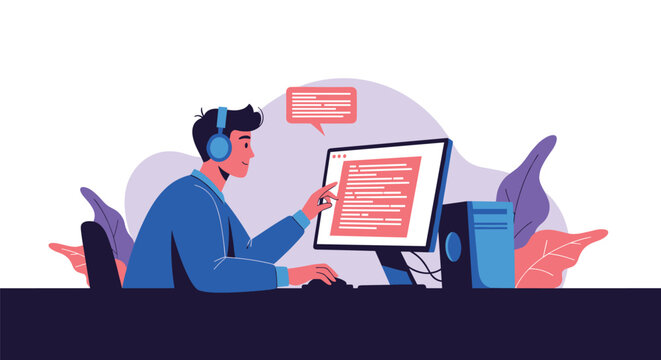 Software developer working on a computer at a desk with headphones, coding and programming concept illustration with colorful leaf accents.