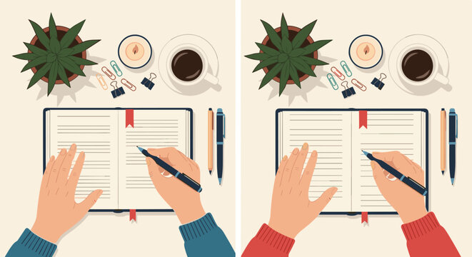 Top view comparison of hands writing in a journal on two different desk setups with coffee, plants, and pens, workspace organization.