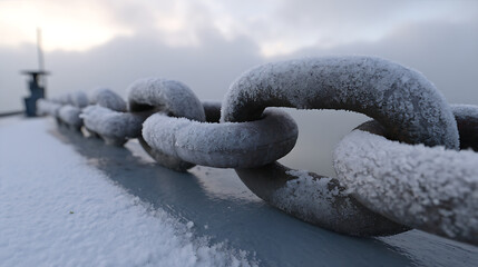 Naklejka premium Heavy industrial chain covered in ice and snow with cloudy sky, a weathered metal anchor line in extreme cold weather conditions, close up view