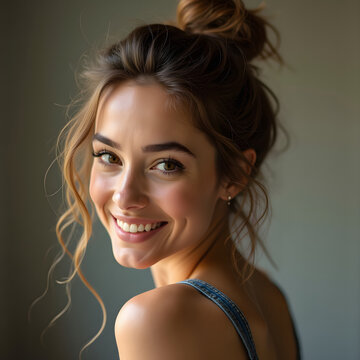 Natural beauty portrait of smiling young woman with soft lighting and shallow depth of field