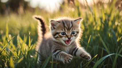 Fototapeta premium Cute Kitten Running in Grass: Playful Tabby and Furry Pet Enjoying Sunlight and Nature