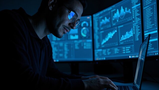 Cybersecurity analyst monitoring data on multiple screens in dark office environment