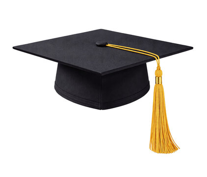 Graduation cap isolated on transparent background with golden tassel hanging to the side close-up