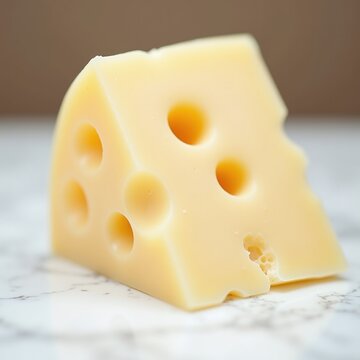 Wedge of Swiss Cheese close-up with holes on marble surface soft natural lighting