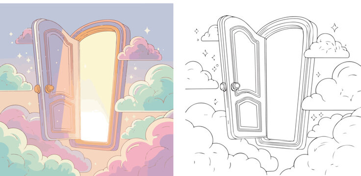 door floating in sky opening into glowing light in cloud vector illustration for children coloring book clipart and lineart