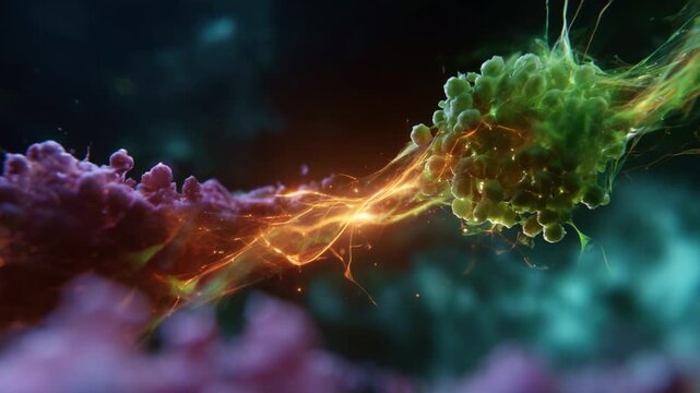 A Stunning Visualization of Cellular Interactions: Colorful Microscopic Entities Engaging in Vibrant Energy Exchanges, Showcasing the Intricacies of Life at the Micro-level.