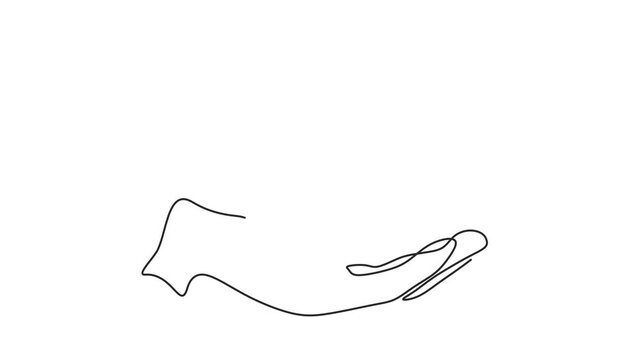 Animated self drawing of continuous line draw Hand holding plant with leaf. Sprout tree and gardening symbol . Full length one line animation. 4K