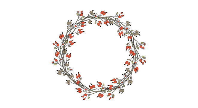 Decorative wreath made of thin intertwined branches adorned with small red berries and tiny white flowers on a plain background.