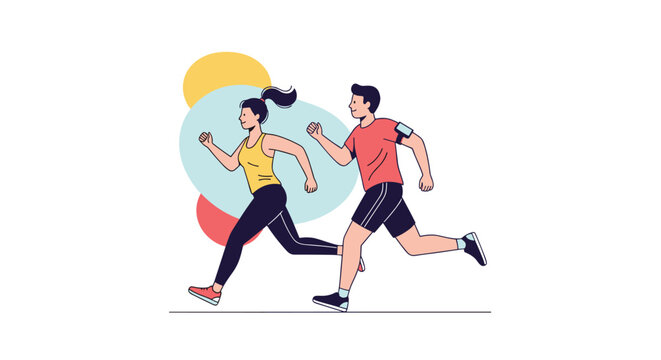 Active man and woman jogging together in sportswear for fitness and healthy lifestyle against a colorful abstract background.