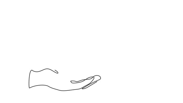 Animated self drawing of continuous line draw Hand launches into the sky airplane, paper plane.  Full length one line animation. 4K