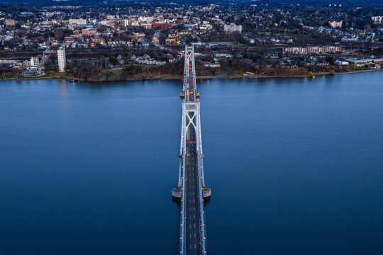 Poughkeepsie, NY, Early spring night arial view of the Franklin D. Roosevelt Mid-Hudson Bridge looking toward Poughkeepsie. 
