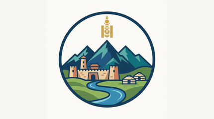 Fototapeta premium Mongolian Emblem with Mountains and Fortress