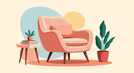 Fototapeta premium Cozy and stylish living room corner featuring a pink armchair, a side table with books, and a healthy potted plant.