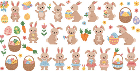 Fototapeta premium Easter bunnies with baskets and carrots on white background celebrating springtime and holiday fun with colorful eggs