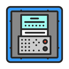 Fototapeta premium Batch Controller & Indicator outline icon for industrial warehouse automation. Industrial AI automated batching system sign. Spot illustration of automated factory batch management.