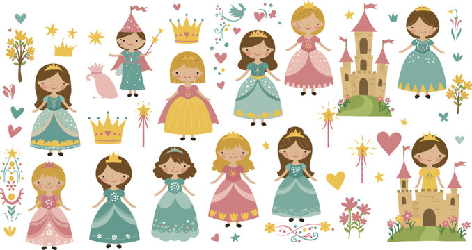 Colorful whimsical illustrations of princesses in various dresses and settings with castles and flowers