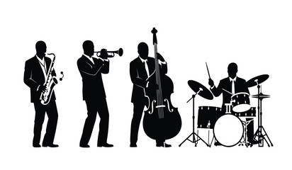 Silhouette of a jazz band performing with saxophone trumpet double bass and drums © ARSM D