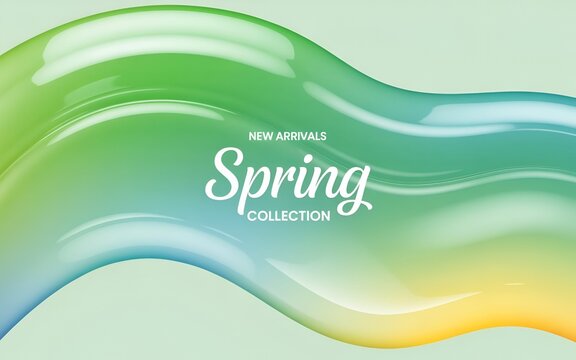 Abstract Glossy Green and Blue Wave Background with "Spring Collection" and "New Arrivals" Text