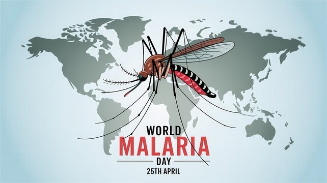 World malaria day poster design with a mosquito illustration over a world map background