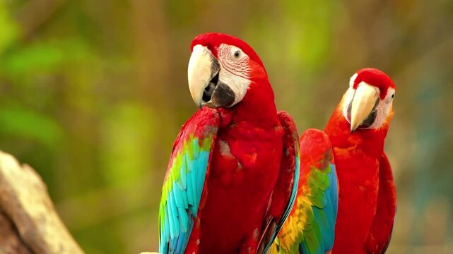 Two colorful macaws perch together on a branch, with one actively preening its vibrant blue and red feathers.