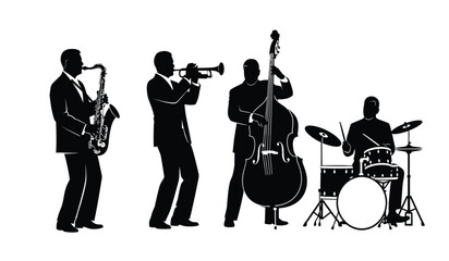 Fototapeta premium Jazz band silhouette of four musicians playing saxophone trumpet double bass and drums