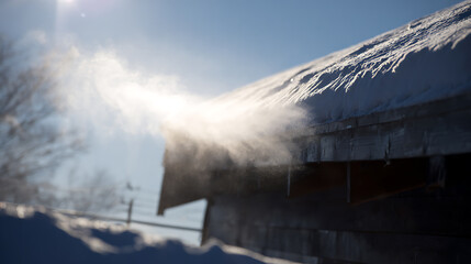 Fototapeta premium Winter morning sun illuminate cold snow blown from roof edge, creating beautiful mist-like effect against blue sky in clear weather day