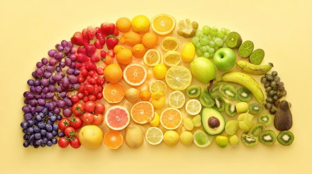 Colorful arrangement of fresh fruit varieties in an arc composition