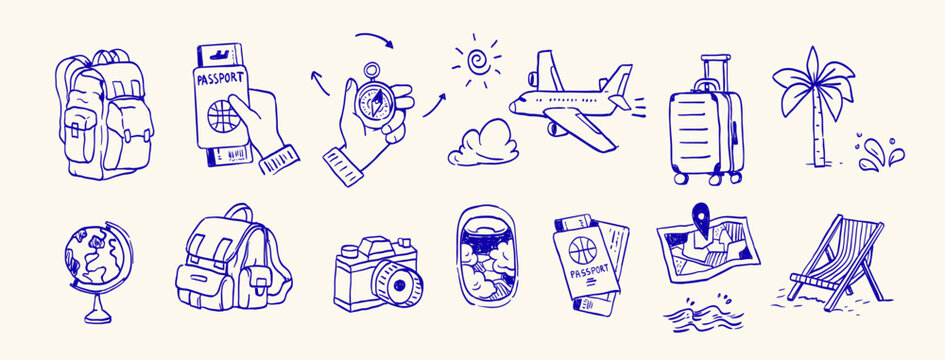 Travel essentials doodle set with passport, tickets, luggage, backpack and navigation elements. Perfect for tourism design, travel planning, journey concepts and vacation graphics.