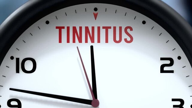 Tinnitus that is going to happen soon. Upcoming tinnitus, approaching in the near future. Tinnitus almost here, in a short time - a clock symbolizes a reminder that tinnitus is near.