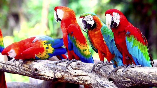 A vibrant line of several colorful macaws with red, blue, and green plumage proudly perch together on a thick tree branch.